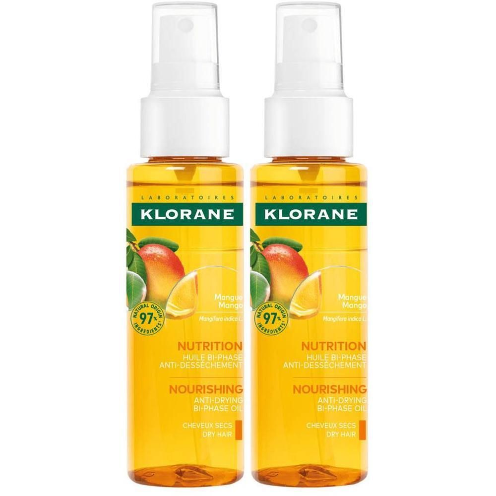 Deux flacons d'huile Klorane à la mangue, 100ml.