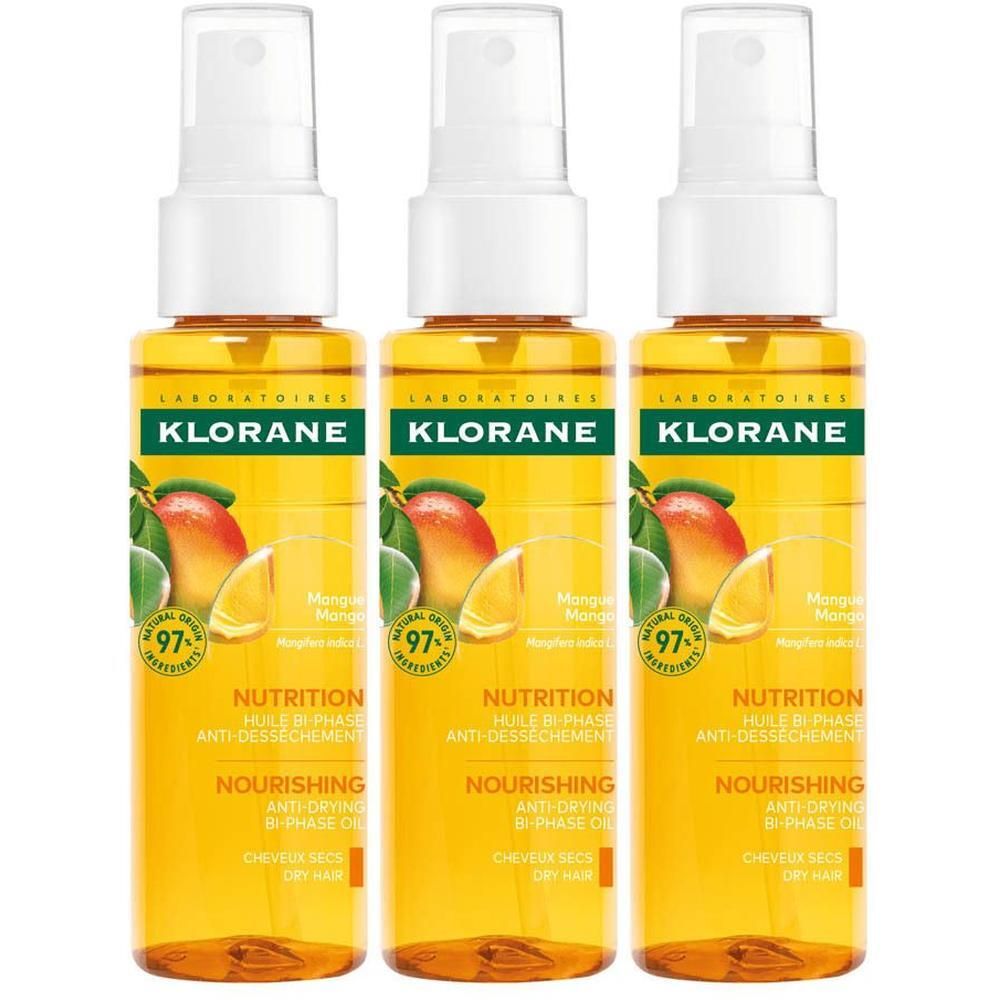 Trois flacons d'huile capillaire Klorane à la mangue, 100ml.