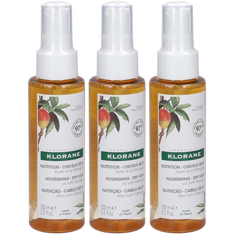 Drei Klorane Haaröl-Flaschen mit Mangobutter, 100ml.