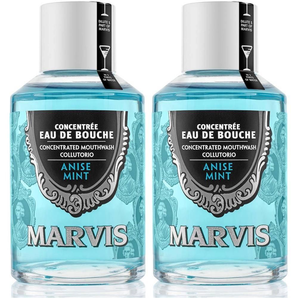 Zwei Flaschen Marvis Anis Minze Mundwasser Konzentrat.