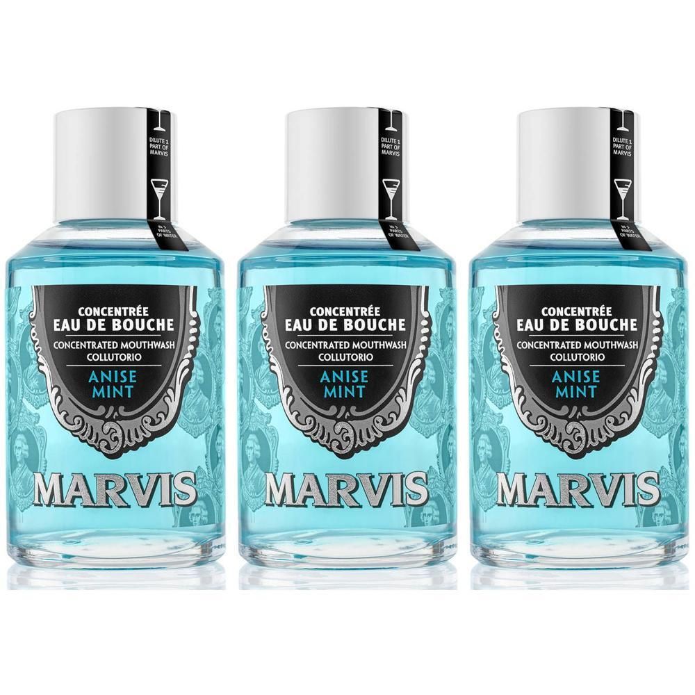 Trois flacons de concentré de bain de bouche Marvis Anis & Menthe.