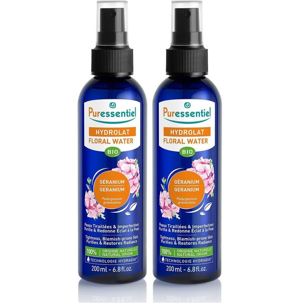 Deux flacons de Puressentiel Hydrolat Floral Water Bio Géranium, 200ml.