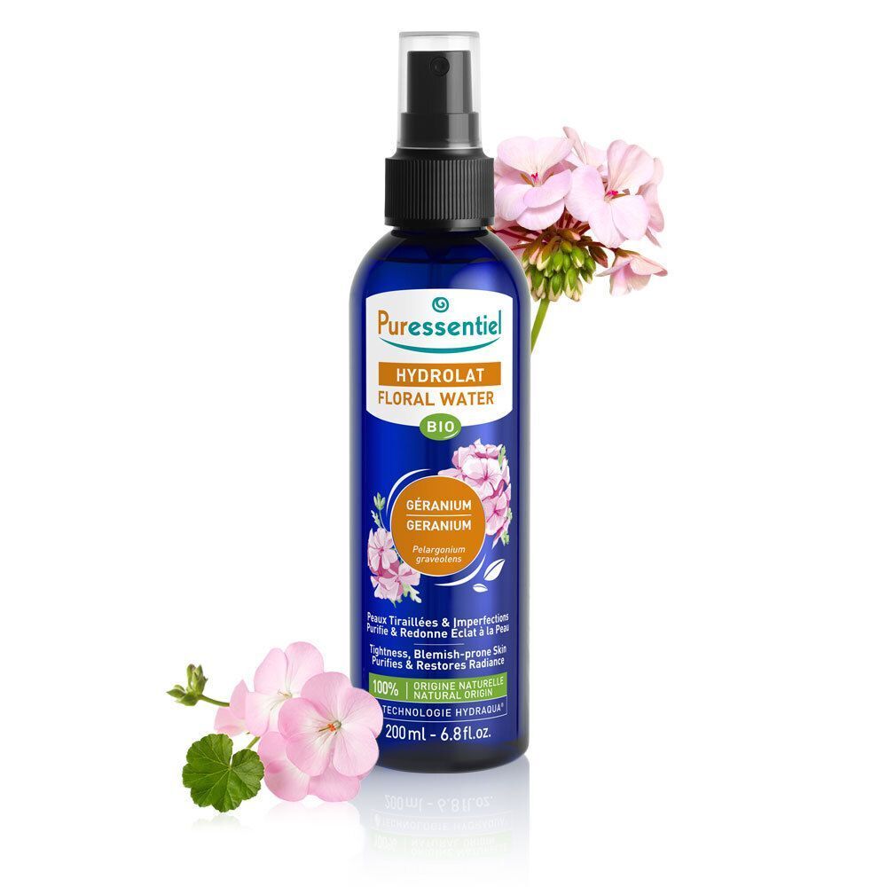 Eine Flasche Puressentiel Hydrolat Floral Water Bio Geranium mit Blüten, 200ml.