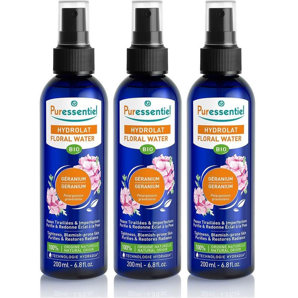 Trois flacons spray Puressentiel Hydrolat Floral Water Bio Géranium, 200ml.