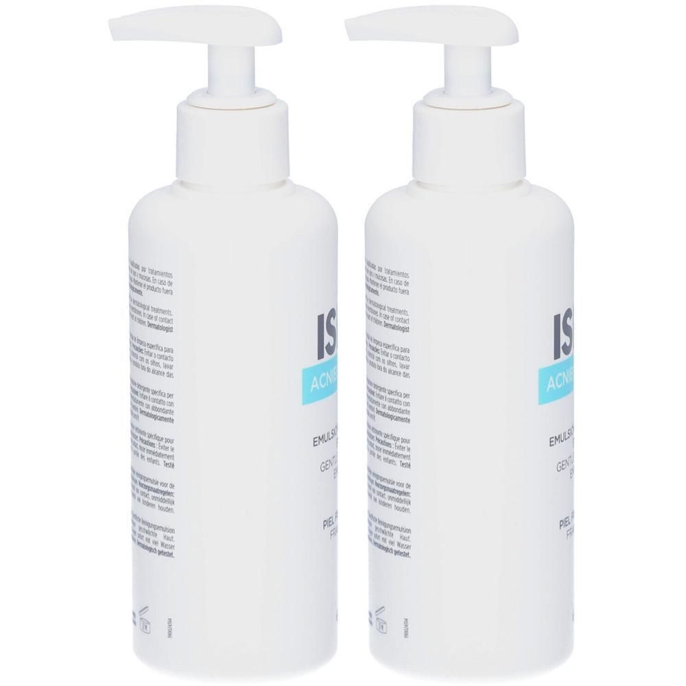 Zwei weiße Pumpflaschen mit ISDIN ACNIBEN® REPAIR Emulsion. Beschriftung auf Deutsch, Französisch, Italienisch, Niederländisch.