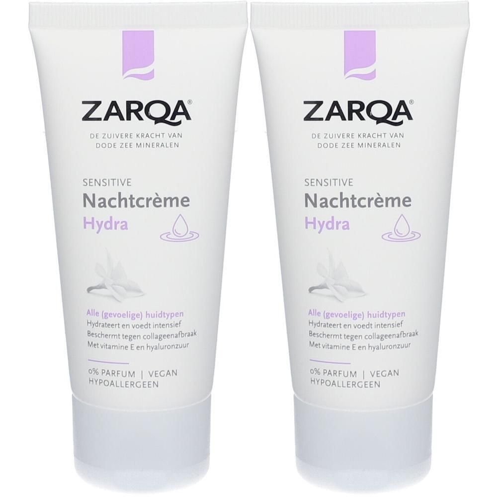 Deux tubes de crème de nuit ZARQA Sensitive Hydra avec informations détaillées sur le produit sur le devant.