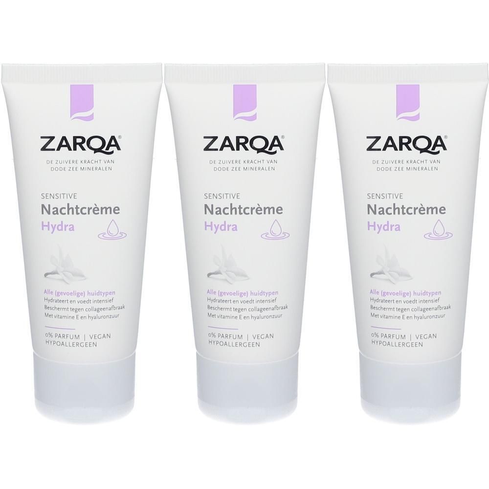 Trois tubes de crème de nuit hydratante sensible ZARQA avec logo violet et texte blanc.