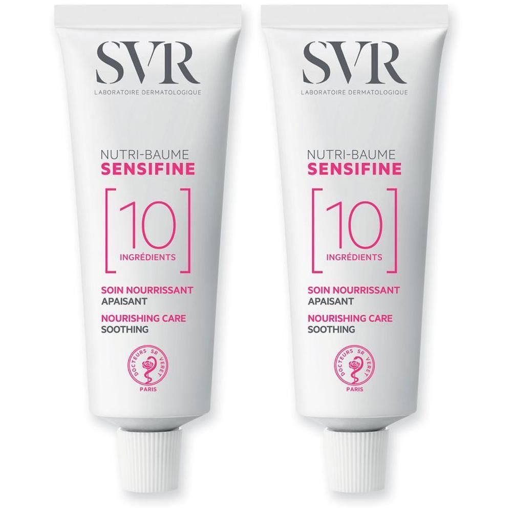 Deux tubes SVR Sensifine Nutri-Baume contenant 10 ingrédients.