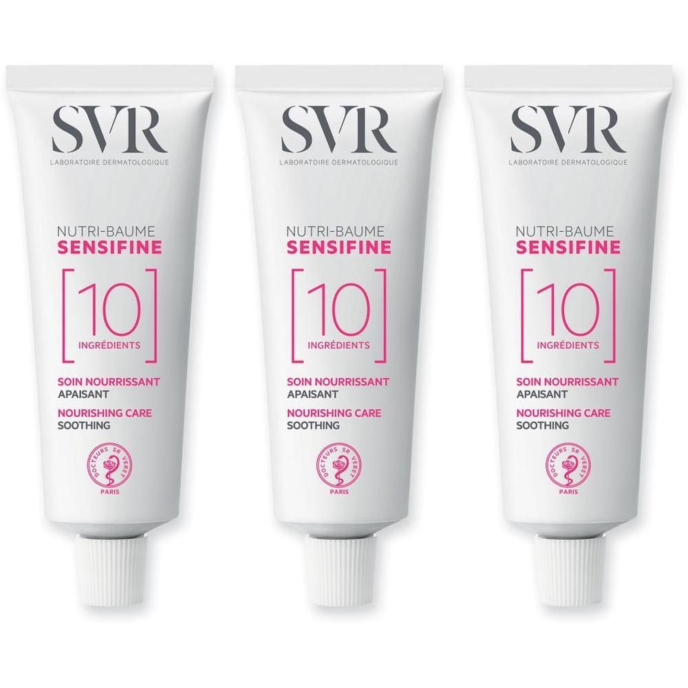 Trois tubes blancs SVR Sensifine Nutri-Baume avec étiquette rouge indiquant "10 Ingredients".