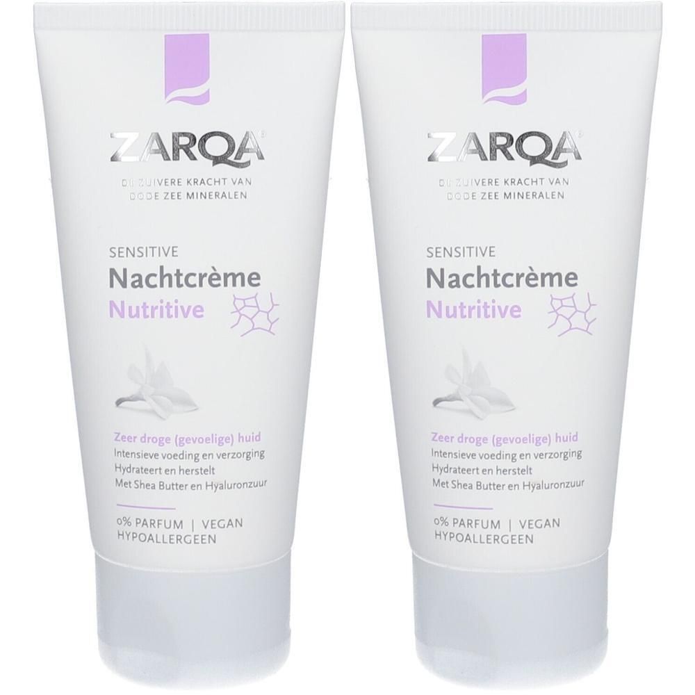 Zwei Tuben ZARQA® Sensitive Nachtcreme Nutritive, hypoallergen und parfümfrei.