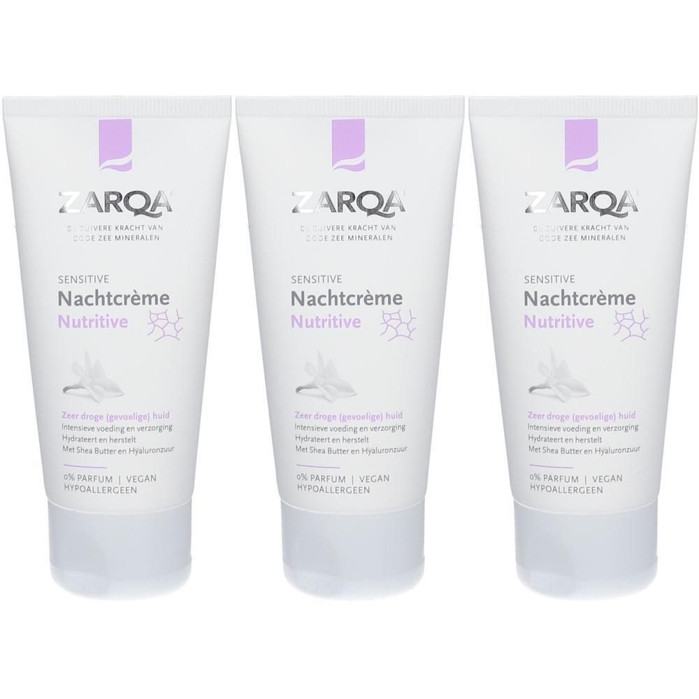 Drei Tuben ZARQA Sensitive Nachtcreme Nutritive mit Shea Butter und Hyaluronsäure. Hypoallergen.