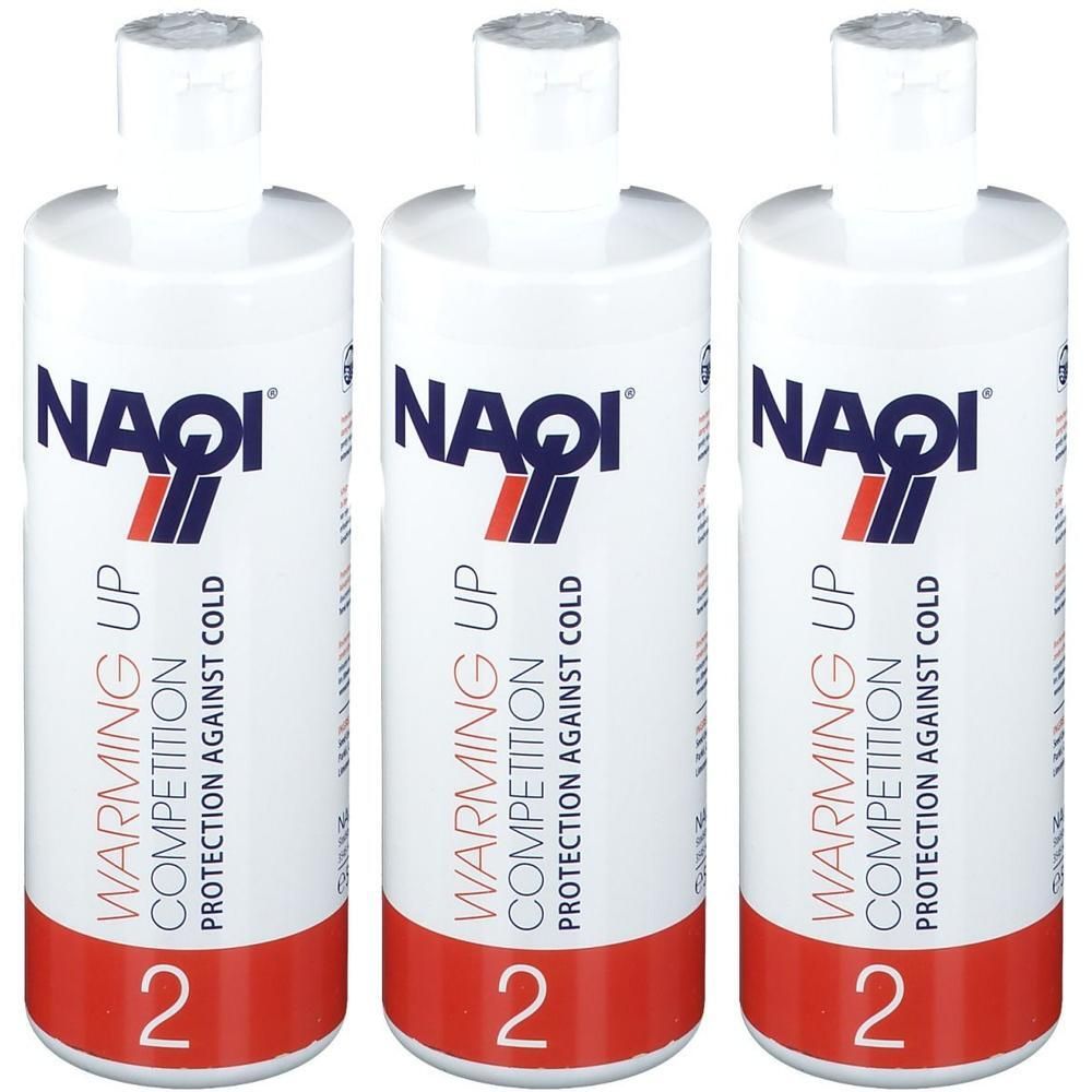Trois bouteilles blanches NAQI Warming Up Competition avec étiquette rouge et bleue. Protection contre le froid.