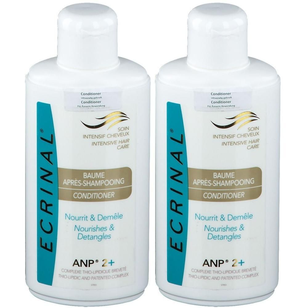 Deux flacons de baume après-shampooing ECRINAL ANP 2+. Flacons blancs avec étiquettes turquoise et dorées.
