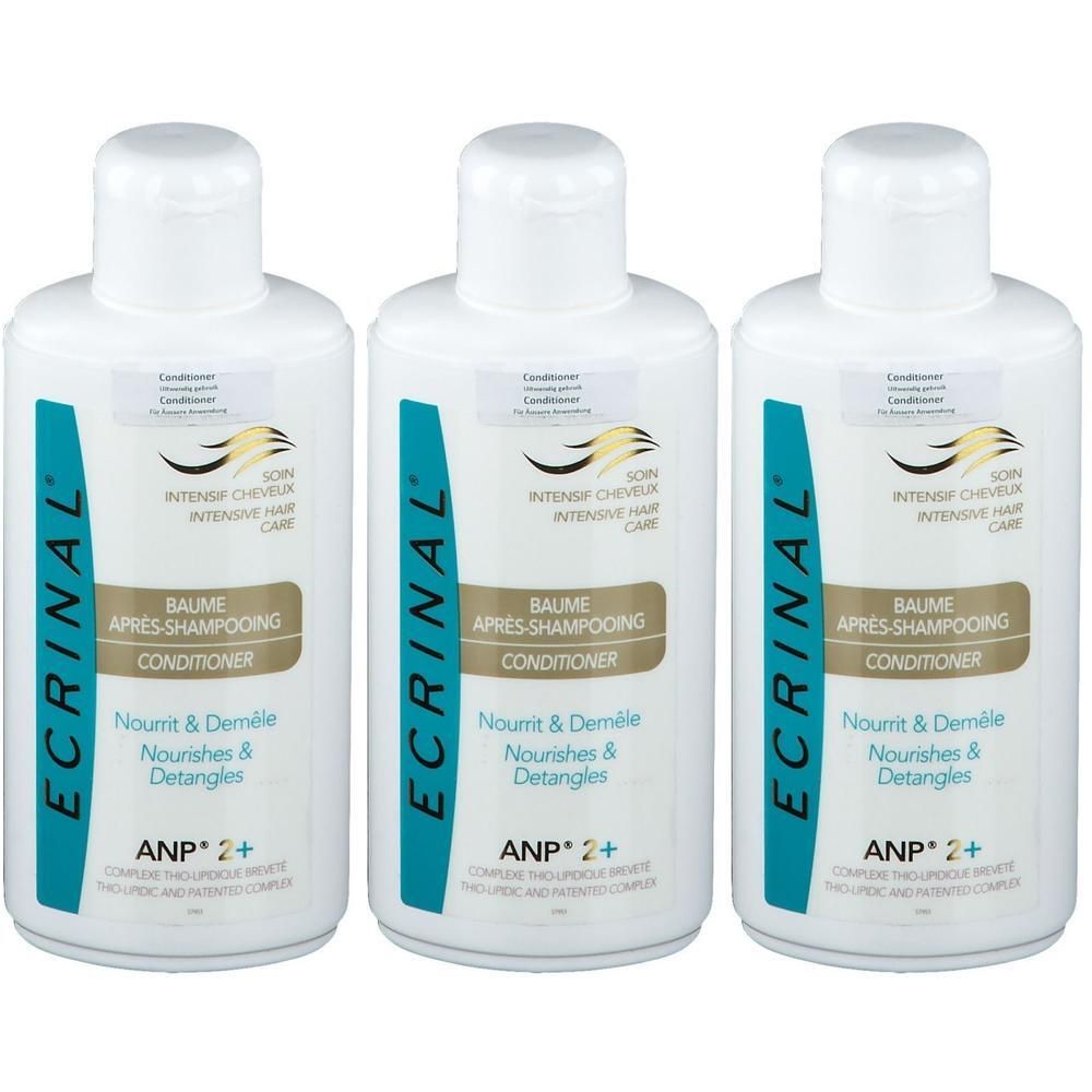Trois flacons de baume après-shampooing ECRINAL ANP 2+. Flacons blancs avec étiquettes bleues et dorées.