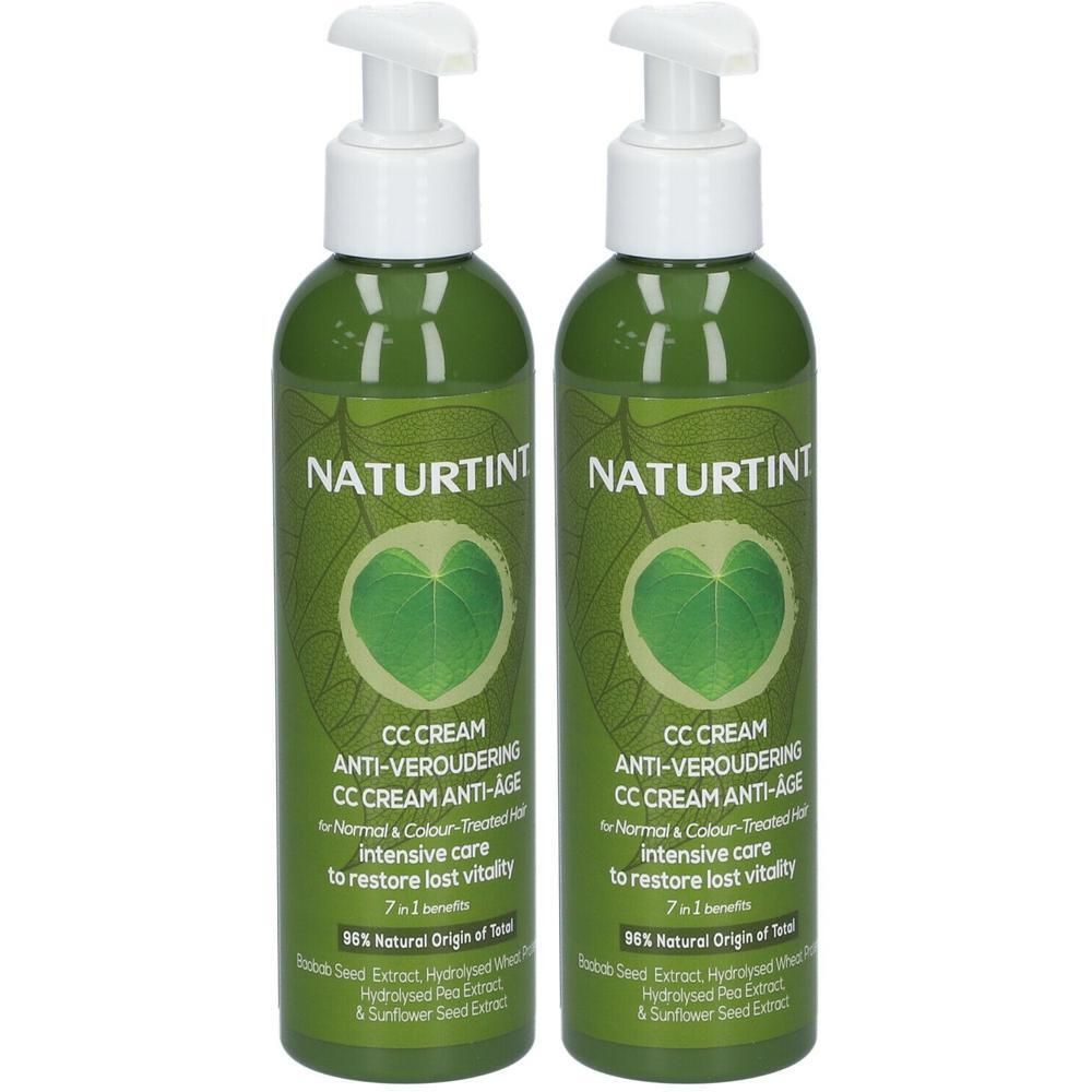 Deux flacons pompe verts NATURTINT CC Crème Anti-Âge avec motif de feuille.