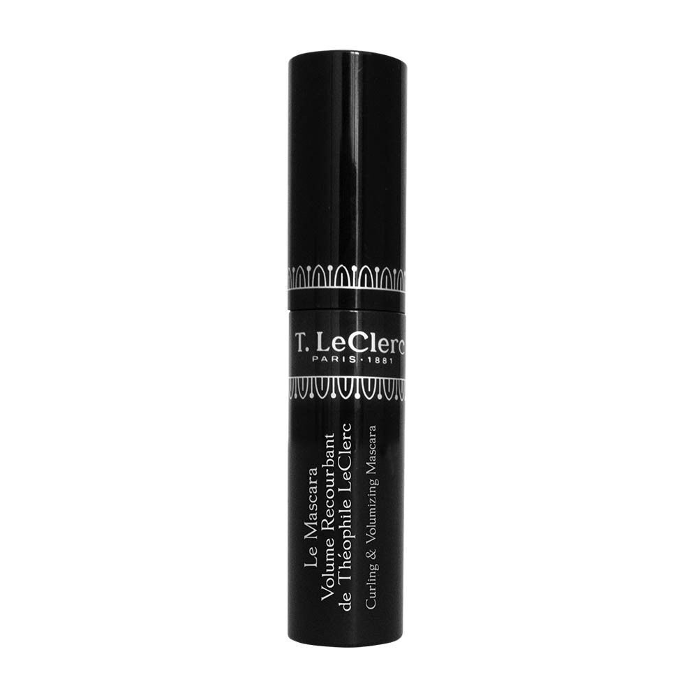 Ein geschlossener schwarzer Mascara-Flakon mit silberner Schrift.