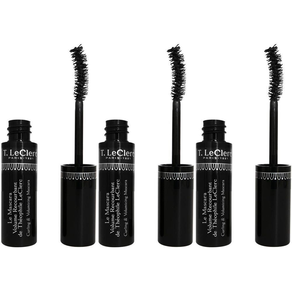 Vier schwarze T. Leclerc Mascara-Fläschchen mit Bürsten, die herausgezogen sind. Die Bürsten sind zum Kräuseln und Voluminieren.
