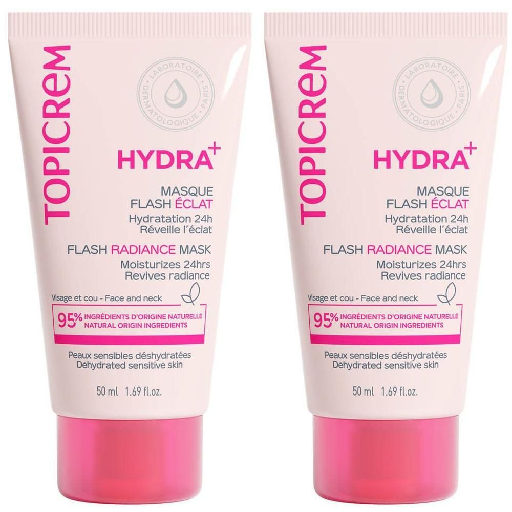 Deux tubes TOPICREM HYDRA+ Masque Hydratant Éclat, 50 ml, 95% ingrédients d'origine naturelle.