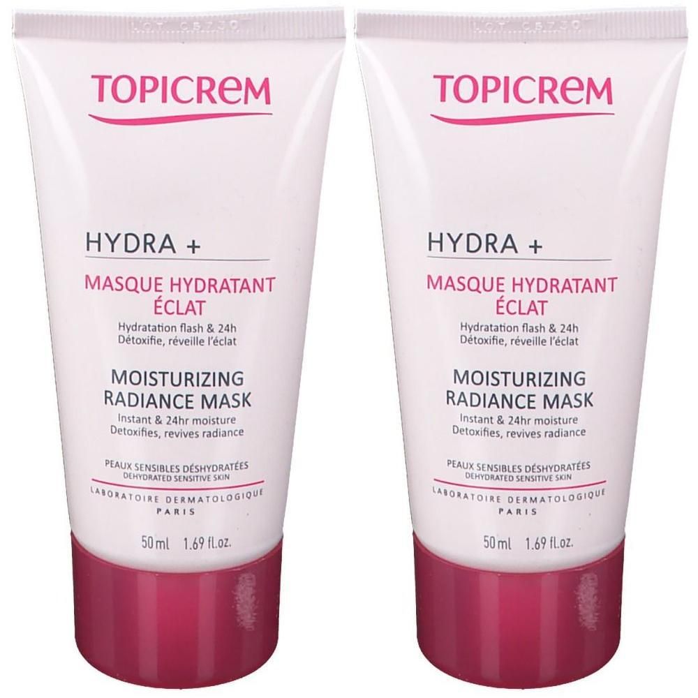 Zwei Tuben TOPICREM HYDRA+ Feuchtigkeitsspendende Glanzmaske, je 50 ml.