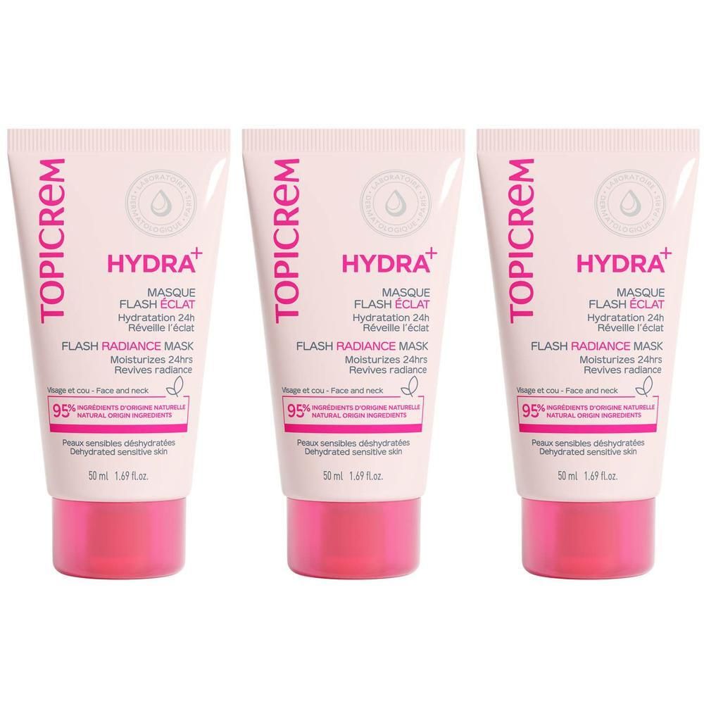 Trois tubes blancs TOPICREM HYDRA+ Masque flash éclat avec bouchon rose. 95% ingrédients d'origine naturelle. 50ml.