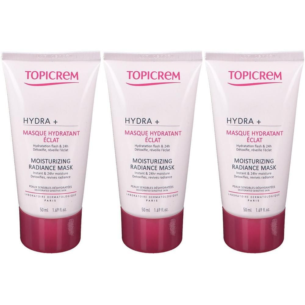 Drei weiße Tuben TOPICREM HYDRA+ Gesichtsmaske mit rosa Verschluss. 50ml.