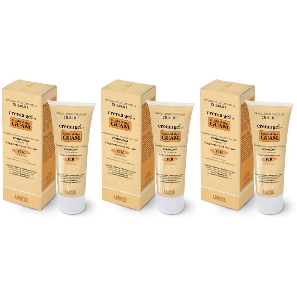 Trois tubes de GUAM Cellulite Crema Gel avec leurs boîtes. Le gel est dans un tube beige clair avec un bouchon blanc.