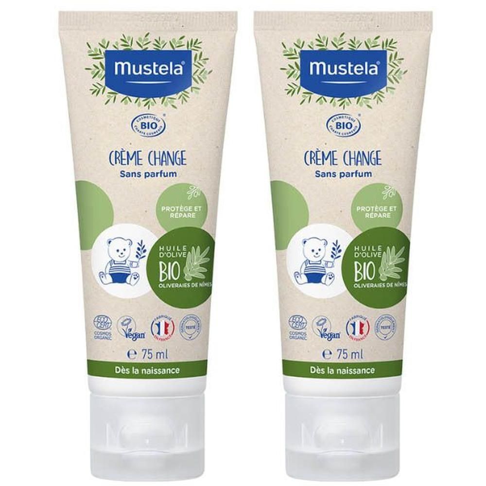 Deux tubes de crème de change bio Mustela, 75 ml chacun. Huile d'olive bio, sans parfum, vegan.