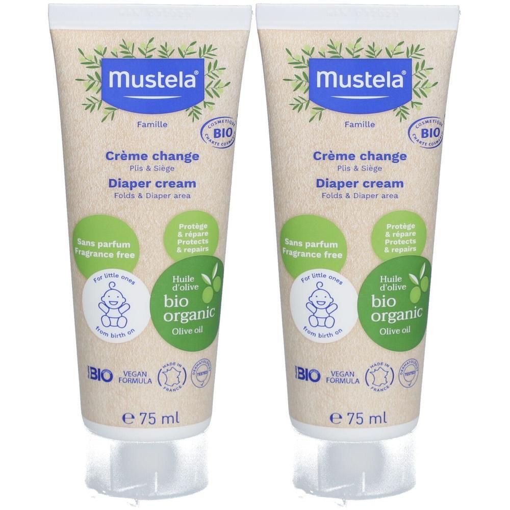 Deux tubes de crème de change bio Mustela, 75 ml chacun. Huile d'olive bio, sans parfum, vegan.