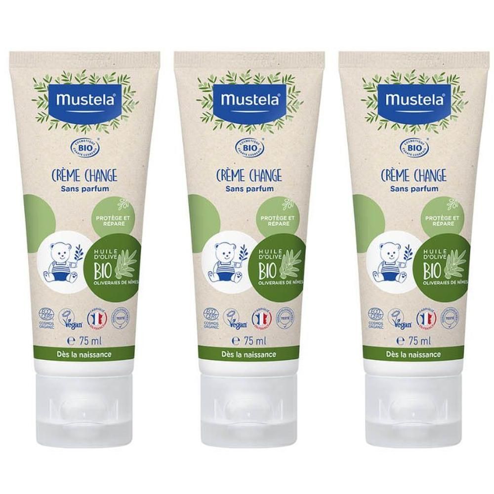 Trois tubes de Crème change Mustela Bio, 75 ml. Sans parfum, à l'huile d'olive bio.