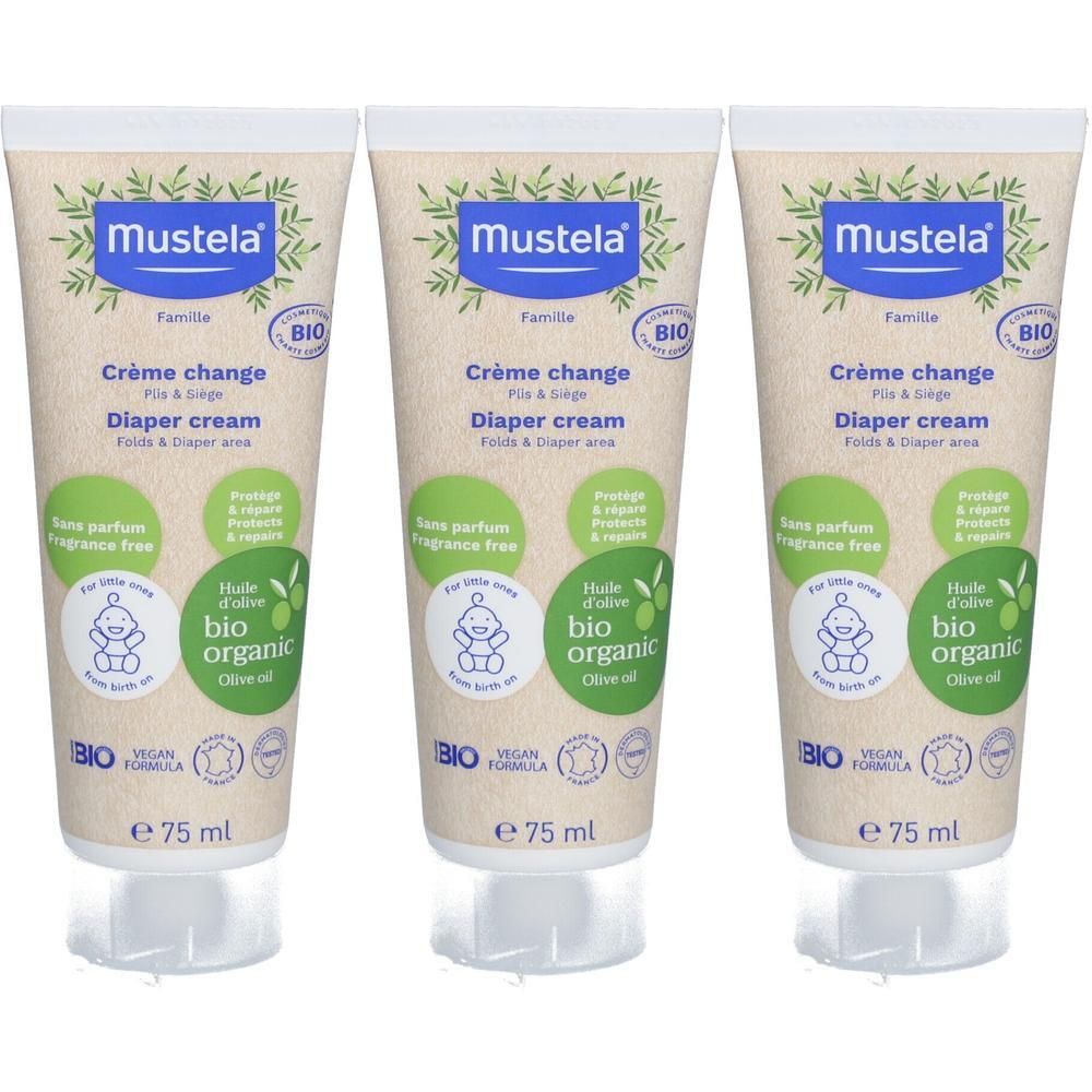 Drei Tuben Mustela Bio-Windelcreme, 75 ml. Ohne Duftstoffe, mit Bio-Olivenöl.