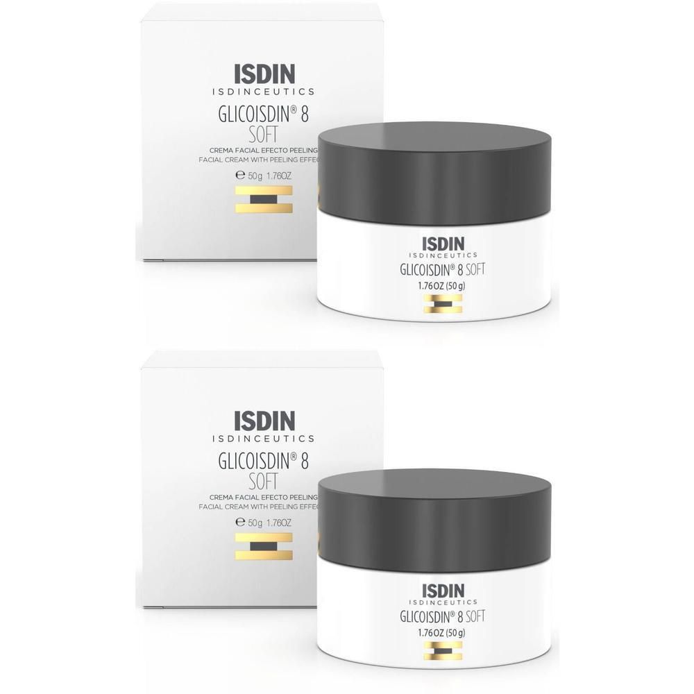 Zwei ISDIN Glicoisdin 8 Soft Cremetiegel mit Verpackung. 50g Tiegel mit schwarzem Deckel.
