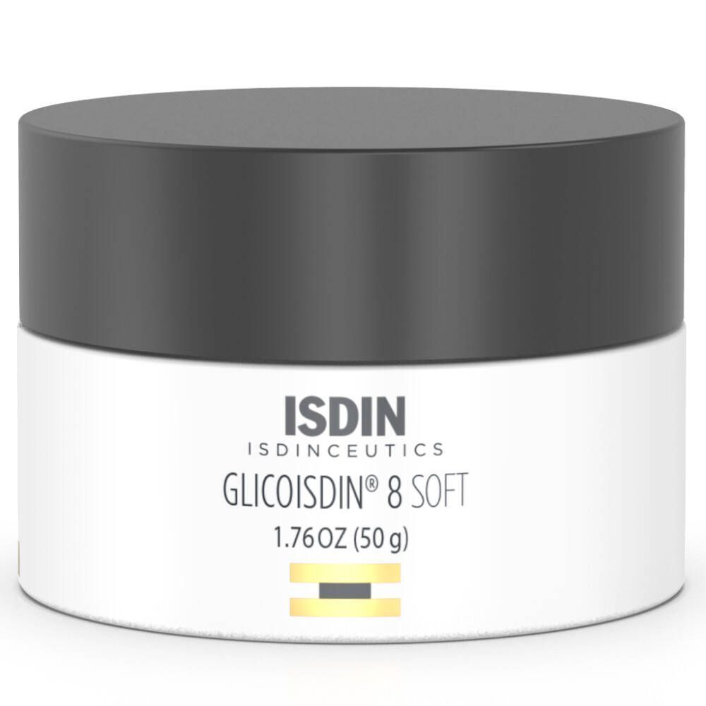 ISDIN Glicoisdin 8 Soft Cremetiegel. 50g Tiegel mit schwarzem Deckel und Produktinformationen.