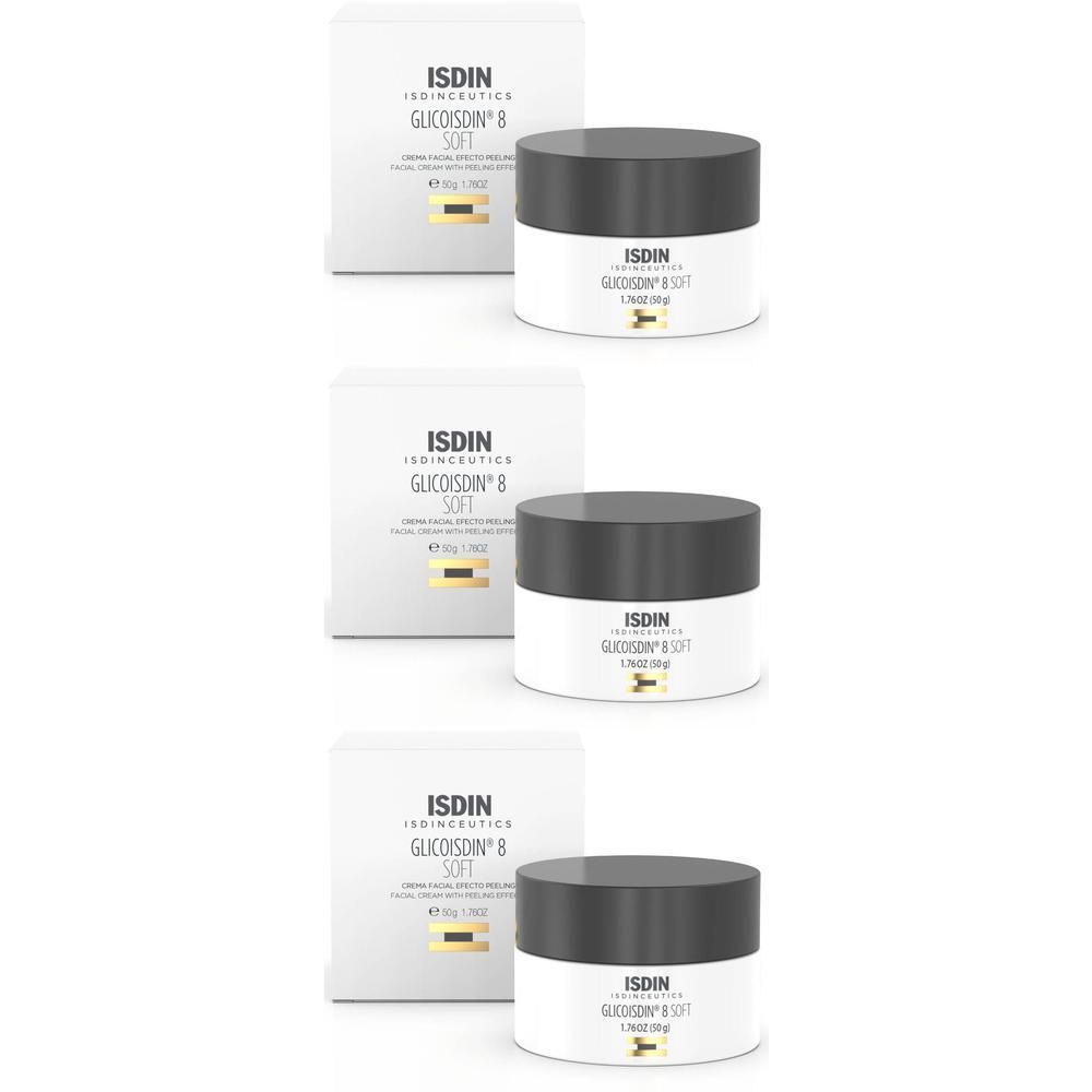 Drei ISDINCEUTICS Glicoisdin 8 Soft Cremetiegel mit Verpackung.