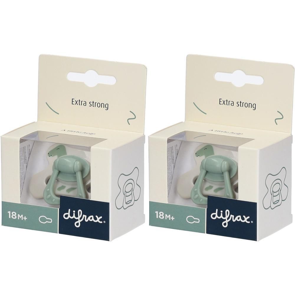 Deux sucettes Difrax vert clair, 18M+, inscription "Extra strong".