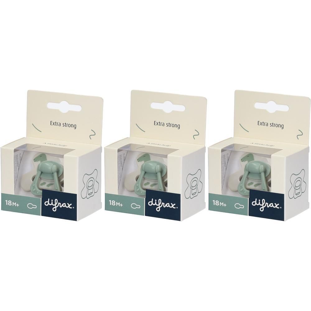 Trois sucettes Difrax en emballage "Extra Strong", vert menthe, dès 18 mois.