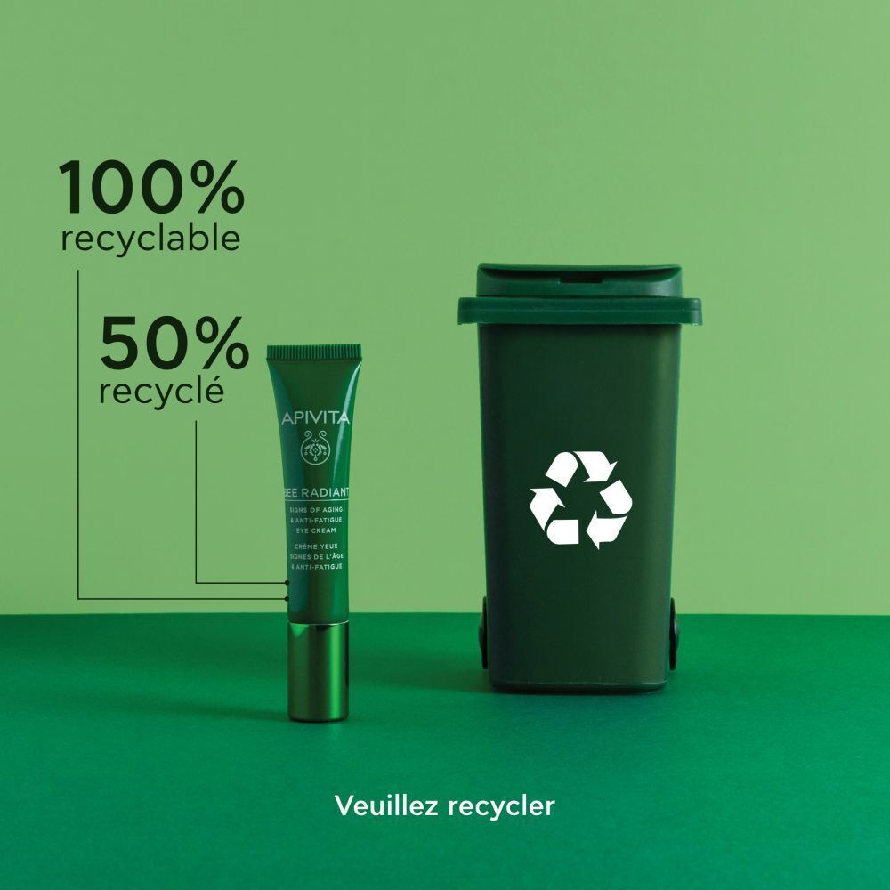 Crème contour des yeux Apivita Bee Radiant à côté d'une petite poubelle verte avec symbole de recyclage.