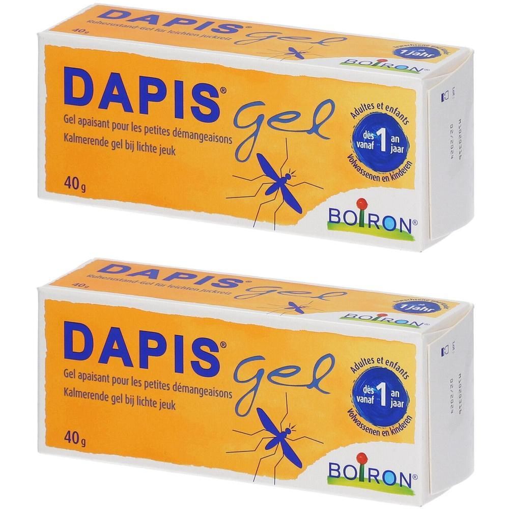 Deux boîtes de DAPIS Gel, 40g. Emballage orange avec inscription bleue et motif de moustique.