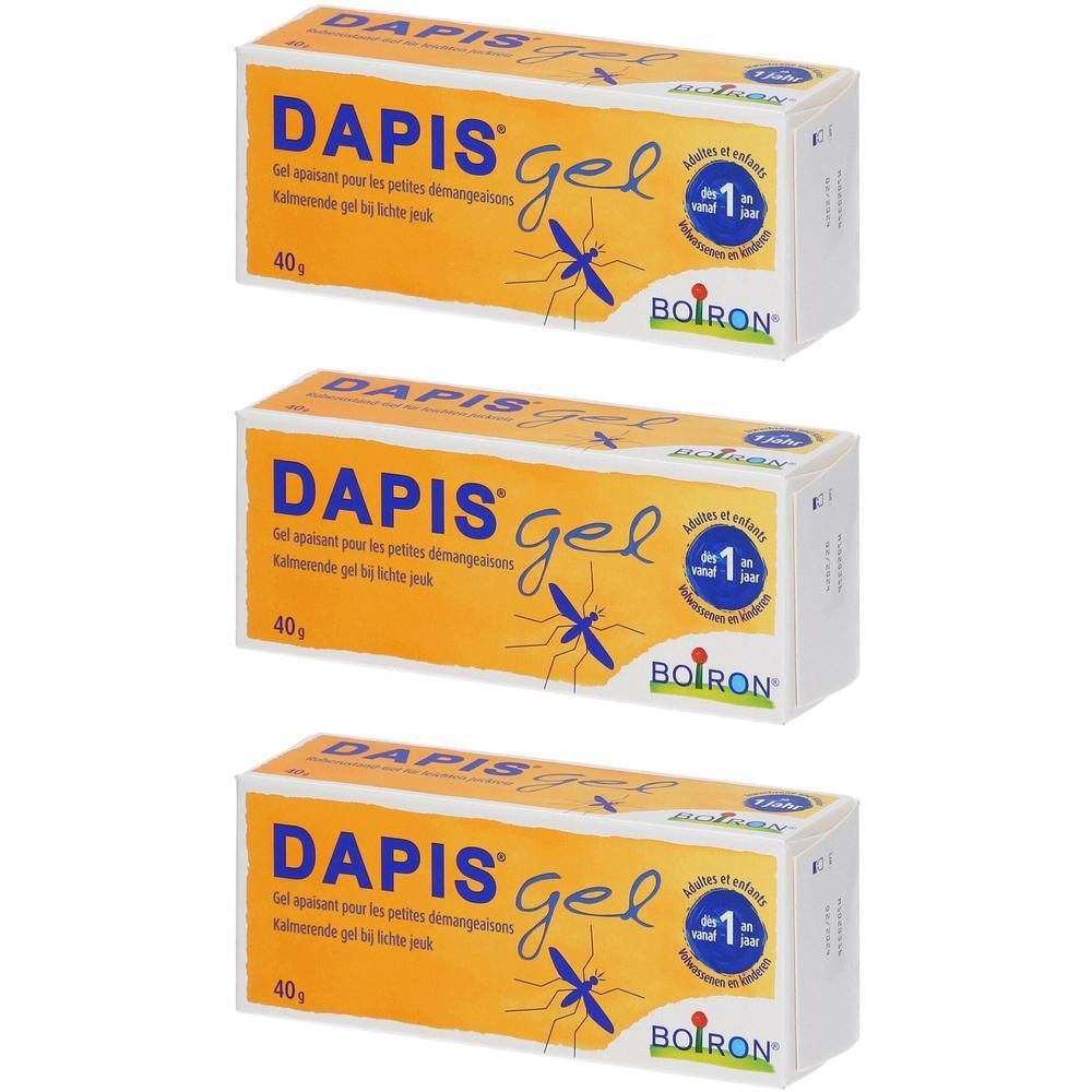 Lot de trois boîtes de DAPIS Gel, fond orange, avec illustration de moustique et logo Boiron.