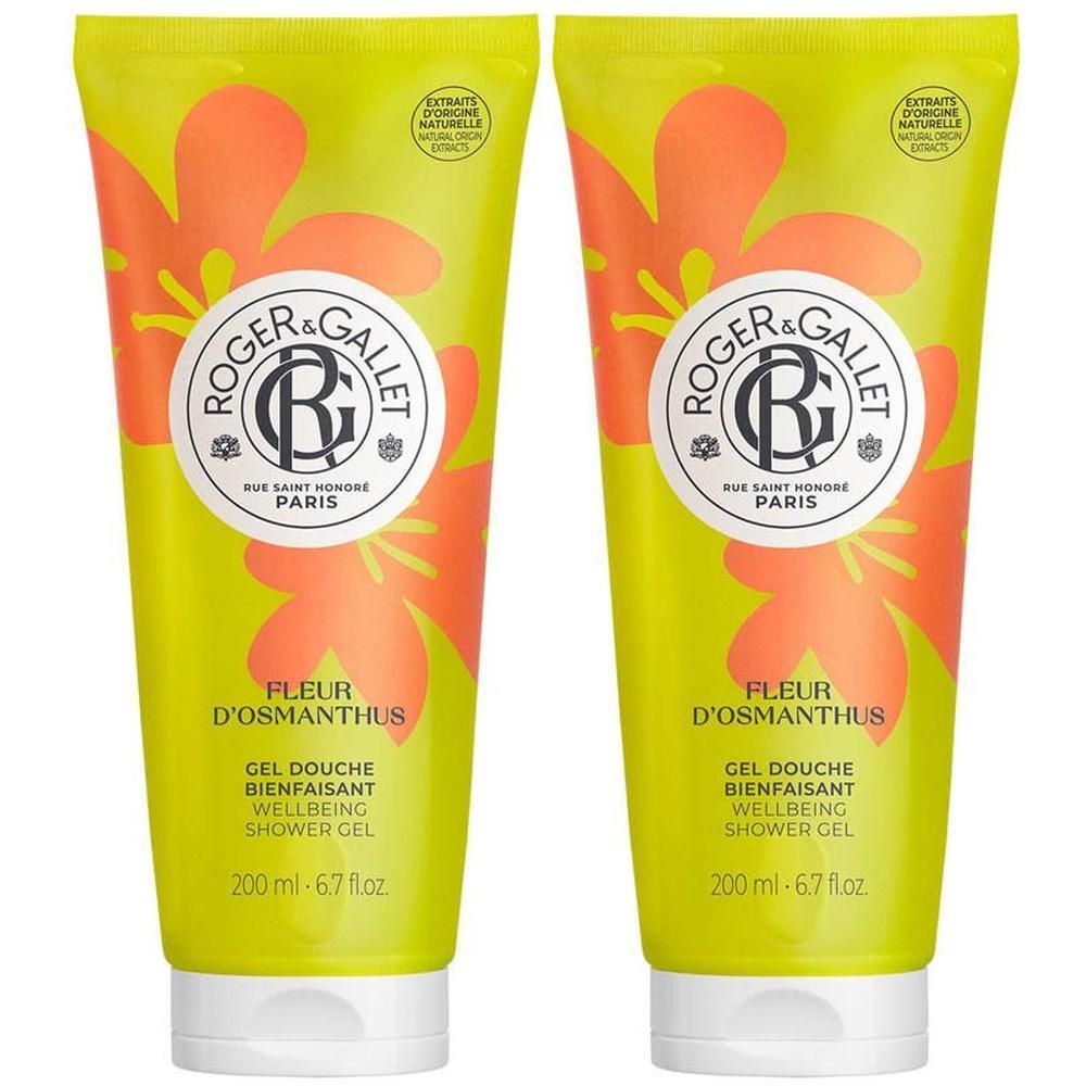 Deux tubes verts de gel douche Roger & Gallet Fleur d'Osmanthus, 200 ml chacun.