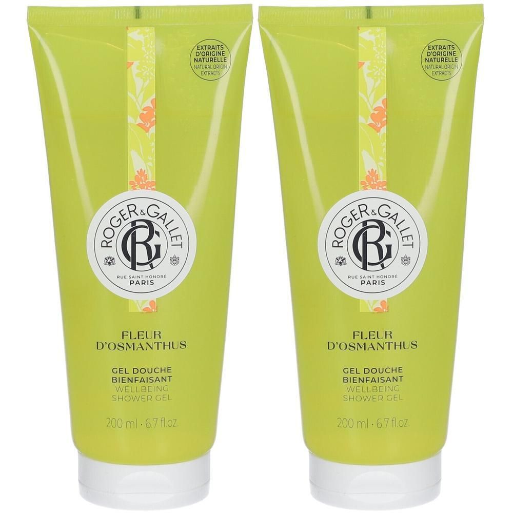 Zwei grüne Tuben Roger & Gallet Fleur d'Osmanthus Duschgel, je 200 ml.
