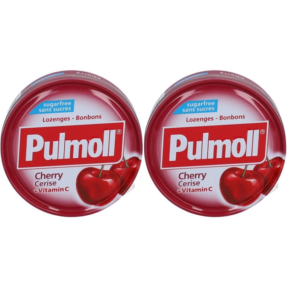 Zwei runde Dosen Pulmoll Bonbons Kirsche + Vitamin C, zuckerfrei.