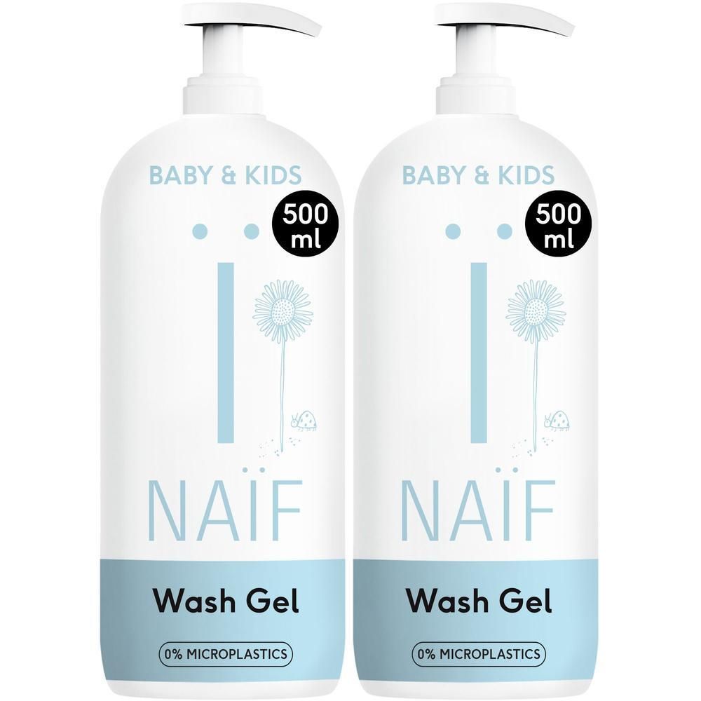 Deux flacons pompe blancs NAÏF® Baby & Kids Gel Lavant Douche, 500ml.