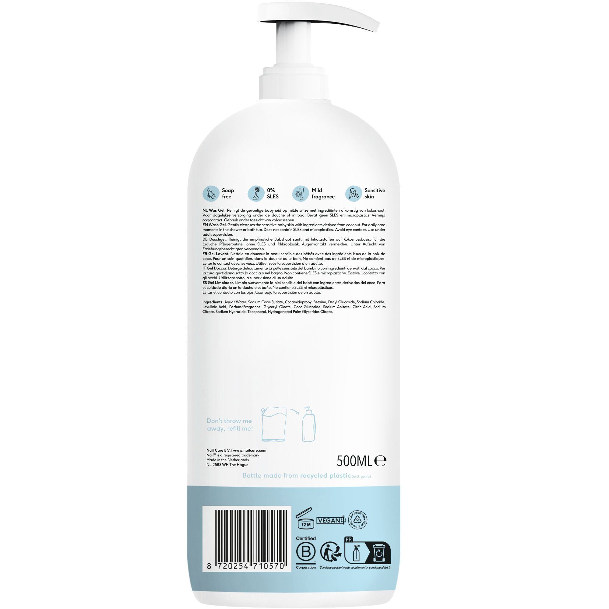 Deux flacons pompe blancs NAÏF® Baby & Kids Gel Lavant Douche, 500ml.