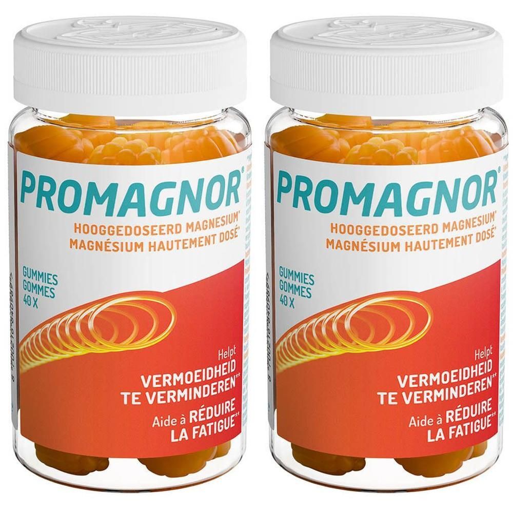 Zwei Flaschen Promagnor® Hochdosiertes Magnesium 150 mg Gummis.