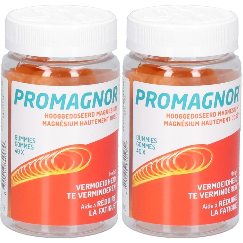 Zwei Flaschen Promagnor Gummis mit je 40 Stück. Hochdosiertes Magnesium zur Ermüdungsreduktion.
