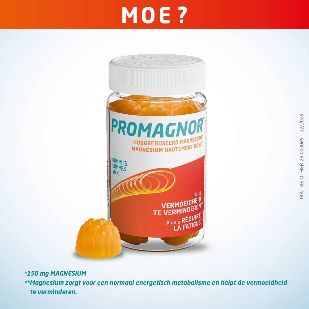 Eine Flasche Promagnor® Hochdosiertes Magnesium 150 mg Gummis mit einer einzelnen Gummibonbon daneben.