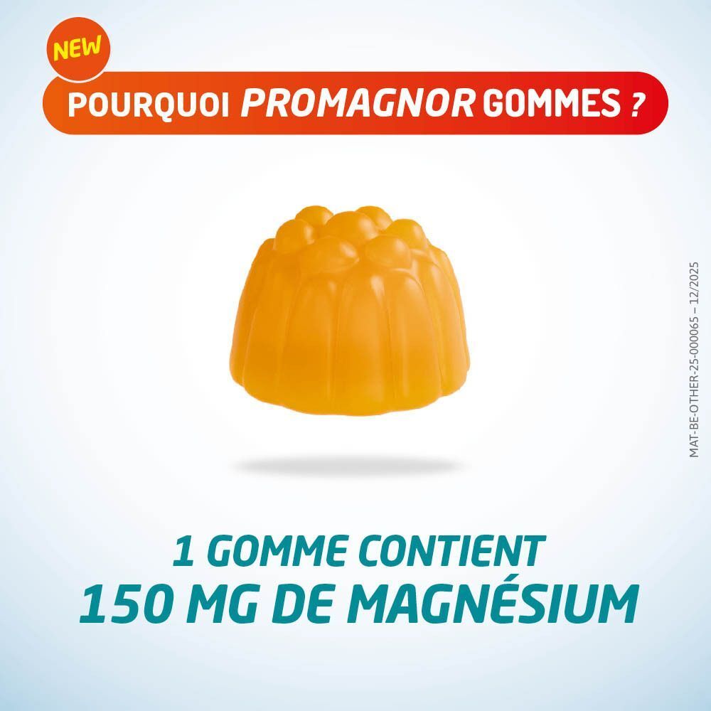 Une gomme Promagnor® individuelle avec l'inscription '1 GOMME CONTIENT 150 MG DE MAGNÉSIUM'.