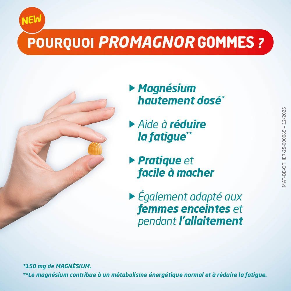 Une main tient une gomme Promagnor® et pointe les avantages tels que 'Magnésium haute dose'.