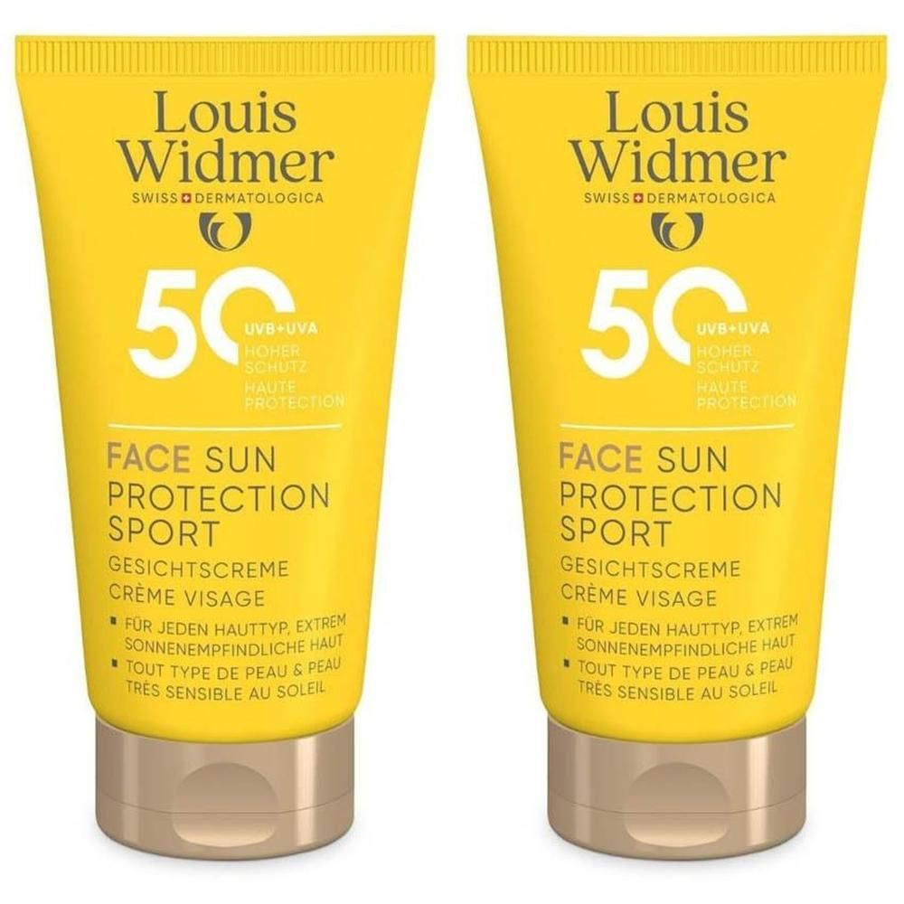 Zwei Tuben Louis Widmer Face Sun Protection Sport SPF50 mit goldfarbenem Verschluss.
