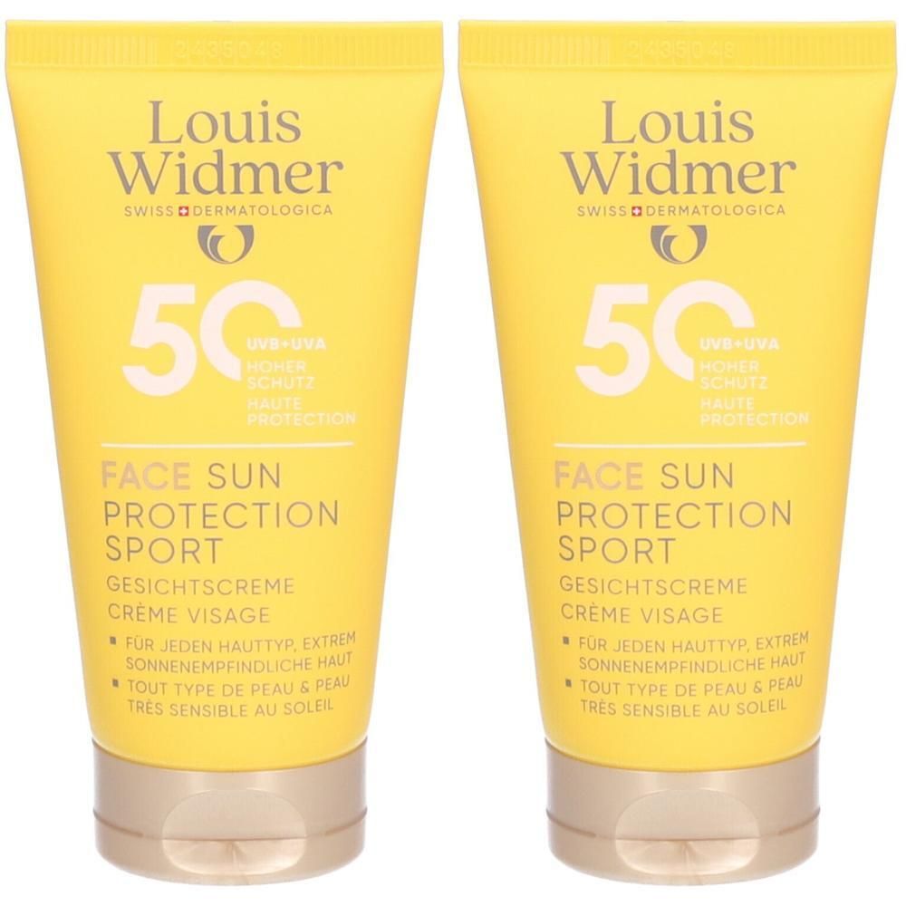 Zwei Tuben Louis Widmer Face Sun Protection Sport SPF50 in Gelb.